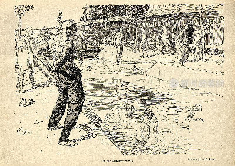 Sketch on men swimming in an outdoor pool, German 19th Century